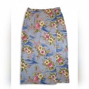 Vintage 90s Blue Hibiscus Floral Midi Wrap Skirt M 100% Cotton Tropical Beach